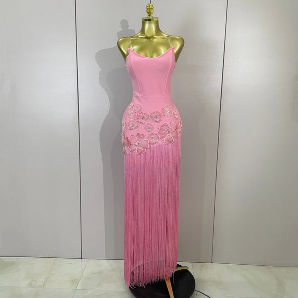 Women Elegant Pink Flower Tassel Bodycon Bandage Dress 2026Sexy Strapless Evening Club Party Luxury Birthday Cocktail Prom Dress