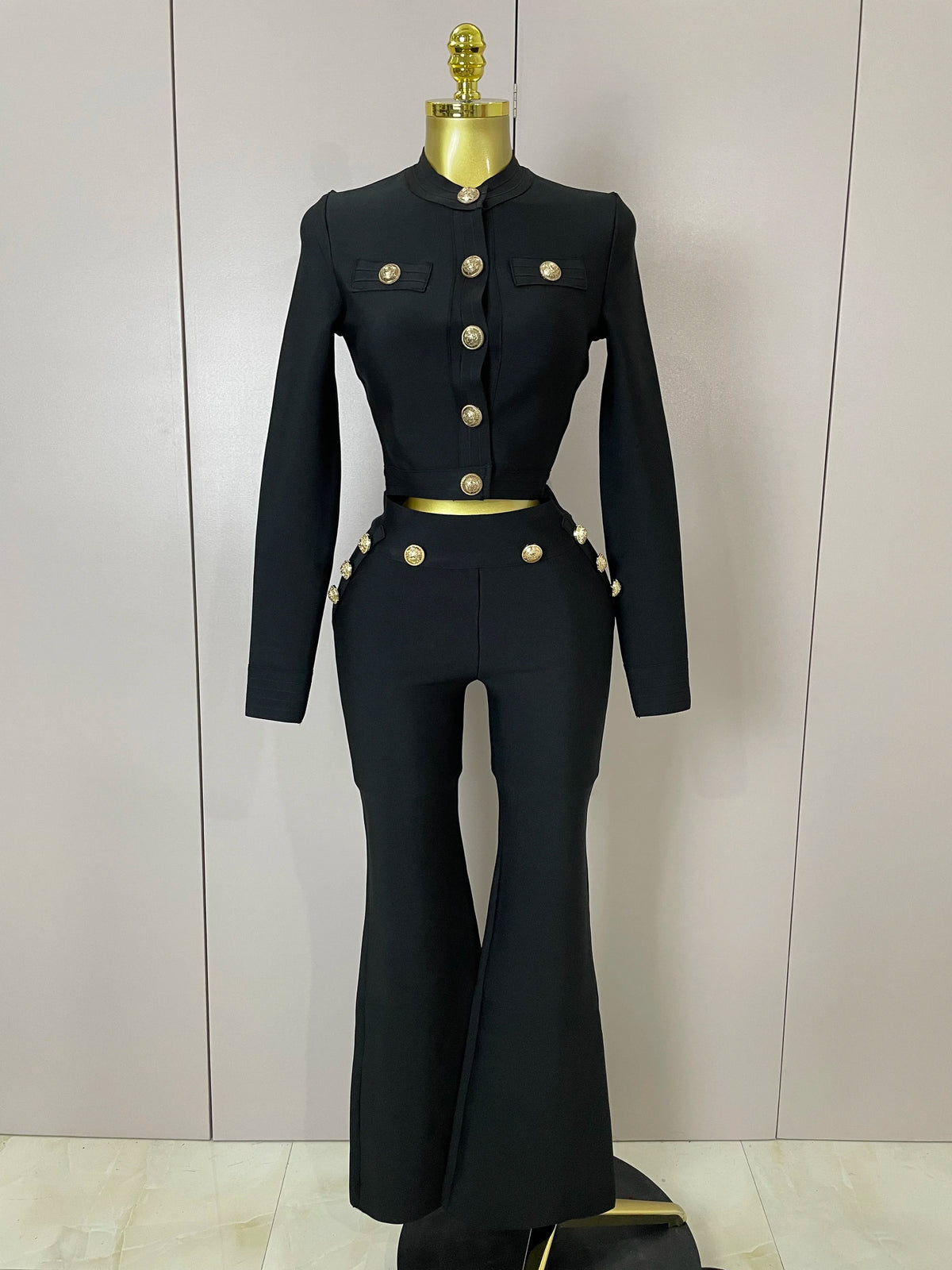 Golden Buttons Short Coat Top And Flare Pants  Bandage 2 Pieces Set Woman Celebrity Evening Party Vestidos