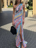 Colorful Print Dresses for Women Diagonal Collar Spliced Hollow Out Sleeveless High Waist Split Dress Female Autumn