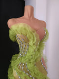 Luxury Green Sheer Mesh Ruffle Dress Neck Crystal Rhinestone Trim Cut Out Slim Fit Evening Wedding Guest Cocktail Party Dress