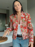 Women Floral Jacquard Contrasting Trim Blazer Lapel Collar Waist-cinching Single-breasted Jacket Autumn Lady Chic Coats 2026 New
