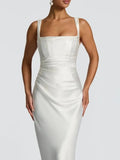 Sexy Satin Evening Long Dresses for Women Square Collar Sleeveless High Waist Folds Slimming Bodycon Dress Female