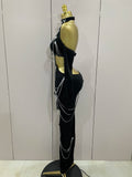2025 Women Sparkly Diamonds Tassels Chain Balck Sexy Halter Backless Long Dress Evening Birthday Party Celebrate Stage Costume