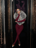 Furry Deep V-Neck Jumpsuits Woman Hipster Patchwork Trend Sexy Stretch Fitness Club Activity Luxury Midnight Overalls