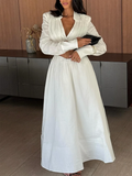 Chic White Two Piece Sets for Women Lapel Long Sleeves Crop Top Irregular Waist Maxi Skirt Set for Art Exhibition