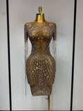 Luxury Sparkly Rhinestones Tassel Transparent Mesh Stretch Long Dress Women Evening Celebrate Birthday Dress Sexy Stage Costumes
