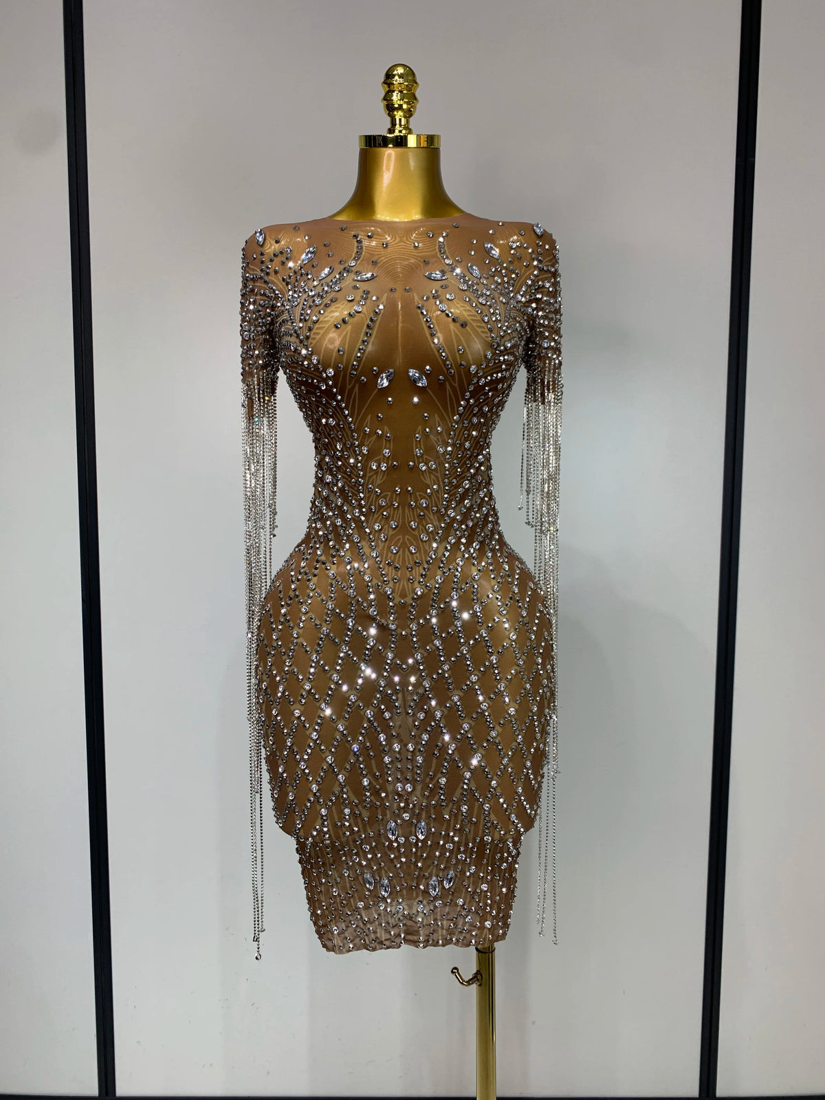 Luxury Sparkly Rhinestones Tassel Transparent Mesh Stretch Long Dress Women Evening Celebrate Birthday Dress Sexy Stage Costumes