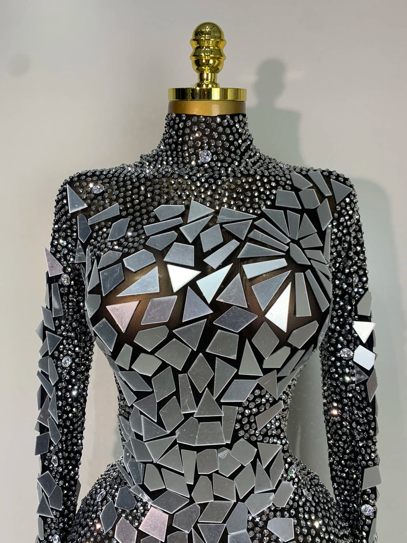 Luxury Rhinestones Mirrors Sexy Sheath Bodysuit Women Nightclub DJ Performance Costume Evening Party Celebrate Stage Wear