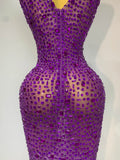 Sparkly Gold Rhinestone Sleeveless Stretch Long Dress Women Sexy Mesh Celebrate Evening Prom Birthday Dress Photo Shoot Wear