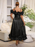 2026 Solid Elegant Spliced Ruffles Dresses For Women Off Shoulder Sling High Waist Long Dress Female Clothing Fashion