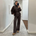 Women Stand Collar Knitted Two Piece Set Belted Long Sleeve Sweater Top Wide Leg Pants 2026 Autumn Winter Casual Knit Outfit