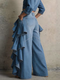 European And American Style Asymmetrical Ruffle Edge Splicing High Waist Wide Leg Jeans For Women Autumn 2026 New
