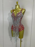 Sexy Sparkly Rhinestones Long Tassels Red Mesh Stretch Bodysuits Women Eveing Party Birthday Nightclub Performance Stage Costume