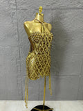 Sexy Crystal Mesh Halter Mini Dress Women Sheer Sequin Embellished Bodycon Outfit Birthday Party Nightclub Performance Costume