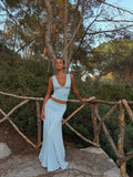 Chic Light Blue 2 Piece Outfit Women Deep V Neck Sleeveless Ruched Crop Top Low Waist Flowy Maxi Skirt Suit Party Matching Sets