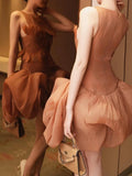 Fashion Orange 3D Floral Appliquet Mini Dress for Women Sleeveless O Neck Slim Sheer Tulle Puffed Skirt for Themed Parties