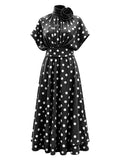 High Neck Midi Maxi Dress for Women 3D Floral Applique Cap Short Sleeve A Line Flowy Leopard Polka Dot for Casual Shopping