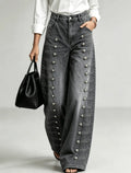 Women Denim Jeans High Waist Metal Button Decor Wide Leg Floor Length Streetwear Casual Trousers Autumn
