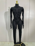 Sexy Festivals Outfit Sparkle Diamonds Sequins Black Spandex Jumpsuit Women Eveing Birthday Party NightClub Bar Stage Costume