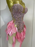 Luxury Sparkly Diamonds Pearls Strapless Mesh Maxi Dress Elegant Eveing Birthday Party Sexy Nightclub Performance Stage Costume