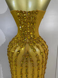 Elegance Golden Strapless Mesh See Through Long Dress Sparkly  Diamonds Evening Party Birthday Sexy Nightclub Singer Stage Wear
