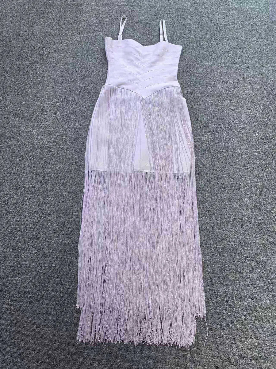 Fashion Sweetheart Spaghetti Strap Maxi Dress for Women Solid Fringe Floor Length Bodycon Back Zipper for Evening Party Club