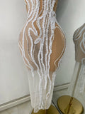 Luxury Sparkly Sequins Pearls Flashing Women Sexy White Long Elegant Celebrity Birthday Dress Cocktail Vestidos Prom Gowns