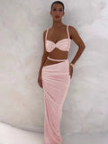 Bandage Ruched 2 Piece Set Women Square Collar Bra+Skinny Long Skirts 2025 Summer Vacation Beach Party Trend Suits