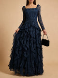 Wedding Guest Pink Square Collar Lace Maxi Dress for Women Corset Bodice Long Sleeve Tiered Ruffle Skirt for Luxury Dinner