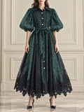 Spotted Print Shirt Maxi Dress for Women Puff Sleeve Point Collar Self Tie Sash Waistband Lace Hem Patchwork Mesh Overlay