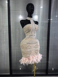 Khaki Women Sexy Halter Off the Shoulder Shining Beading Rhinestones Bodycon Mini Bandage Dress Feathers Elegant Evening W