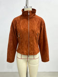 Women Retro Cropped Zip Jacket Ladies Stand Collar Long Sleeve Fitted Waist Pocket Design Short Coat Casual Daily Outerwear New