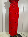Women Black Red Beaded Flower Mesh Patchwork Long Bandage Dress Celebirty Elegant Prom Evening Club Party Birthday Dresses