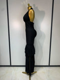 Women Sexy Halter Neck Ruffles Pacthwork Bandage Dress Black Sleeveless Backless Bodycon Dresses Evening Party Birthday Gown