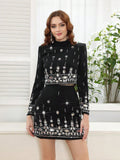 Two Piece Sets for Women Stand Collar Long Sleeve Spliced Diamonds Top High Wiast Mini Skirt Elegant Outfit Female