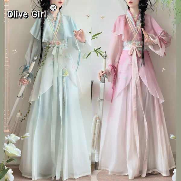 Olive Girl Pink Embroidered Hanfu Dress for Ren Faire 2026 Garden Wedding Fairycore Photoshoot Everyday Wear S-L XS-3XL Plus Size Hand Embroidered Flowing Sleeve Dramatic Silhouette Romantic Cottagecore Editorial Not Costume Chinese Heritage Fashion Women