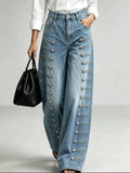 Women Denim Jeans High Waist Metal Button Decor Wide Leg Floor Length Streetwear Casual Trousers Autumn