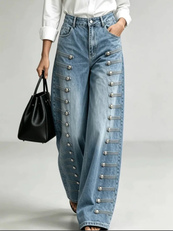 Women Denim Jeans High Waist Metal Button Decor Wide Leg Floor Length Streetwear Casual Trousers Autumn
