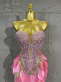 Strapless Rhinestone Evening Gown 3D Leaf Feather Appliques Sheer Mesh LongDress Prom Birthday Party Performance Formal Costume