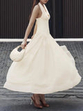Sexy Evening Tunic Spliced Buttons Dress for Women V Neck Sleeveless High Waist Patchwork Folds Temperament Dresses Female