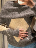 Women's Brown Beige Plaid Knitted Sweater Fashion Off Shoulder Patchwork Loose Blouse Lady Autumn Winter Casual Outerwear