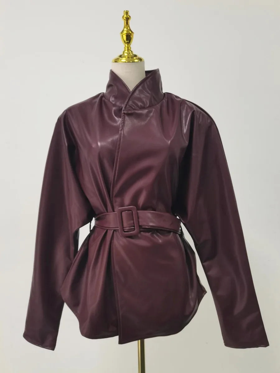 American Retro Burgundy Leather Jacket for Women Stand Collar Long Sleeves Slimming Design Coat Female Winter New