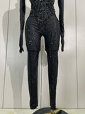Sexy Festivals Outfit Sparkle Diamonds Sequins Black Spandex Jumpsuit Women Eveing Birthday Party NightClub Bar Stage Costume