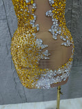 2026 New Sexy Fashion Gold Sparkly Dance Show Stage Costume Women Birthday Party Rhinestones Tassels Transparent Short Dress