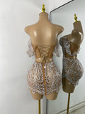 Luxury Pearls Sparkly Rhinestones Women Sexy Off Shoulder Mesh See Through Mini Bodycon Birthday Dress Party Performance Costume