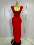 Women Red 3D Floral Beading Pearl Sexy Sleeveless Bodycon Long Bandage Dress Elegant Club Party Birthday Wedding Prom Wear
