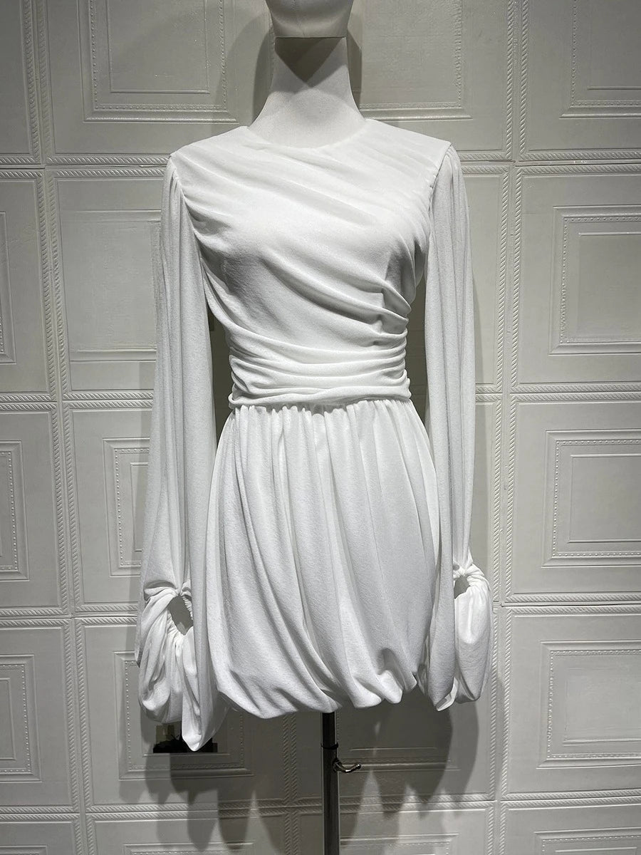 White Loose Spliced Folds Chic Dresses for Women O Neck Long Sleeve Beach Vacation Dress Female Summer Fashion New