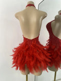 Sexy Halter Beading Feather Mini Dress For Women Backless Luxury Birthday Celebrity Evening Gowns Performance Wear