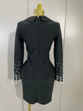 Women Celebrate Eveing Party Club Luxury Birthday Dress Elegant Black V Neck Pearls Beaded Long Sleeves Bodycon Bandage Dress