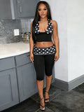 Patchwork 2-Piece Set Women Backless Halter Low-Neck Vest+Folds Elastic Waist Short Fashion Polka Dot Print Suits